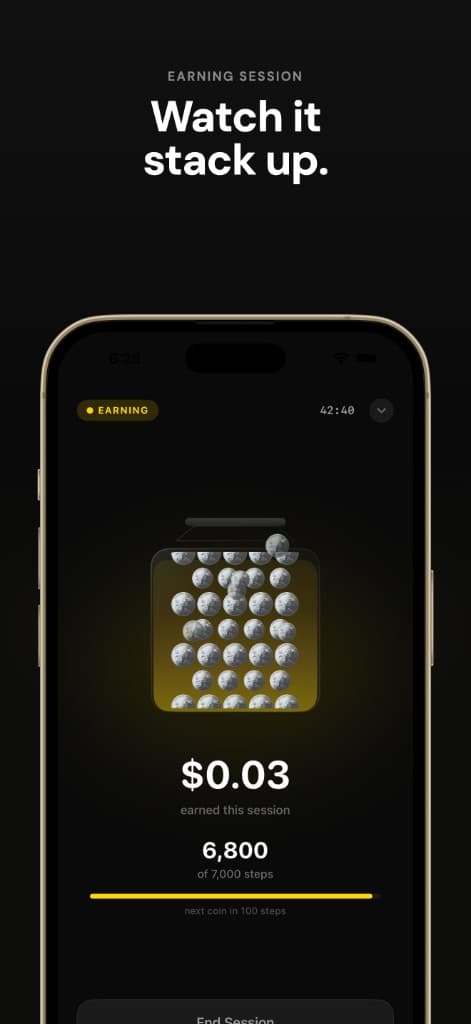 MoneyWalk earning session screen with coins stacking up.