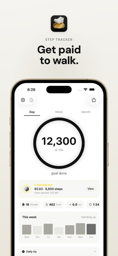 MoneyWalk home screen with a step goal ring and weekly progress.