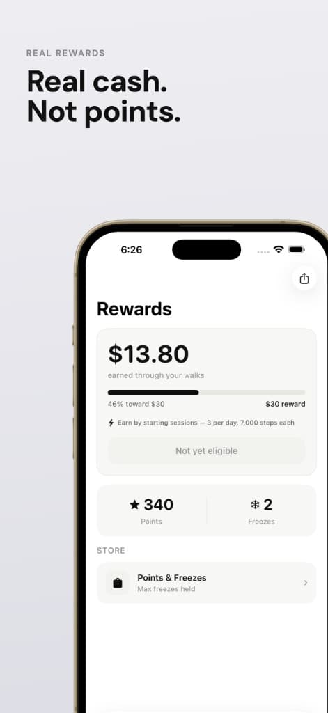 MoneyWalk rewards screen showing cash progress and points.