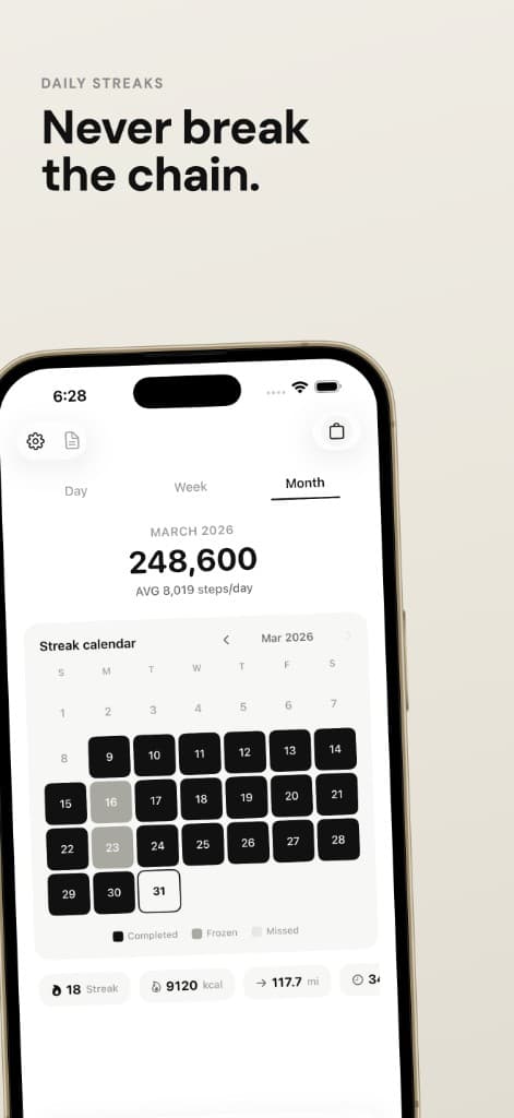 MoneyWalk streak calendar showing a strong walking streak.